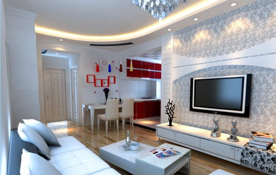 安庆10平米小户型客厅一字型真皮沙发壁挂电视墙白色家居效果图