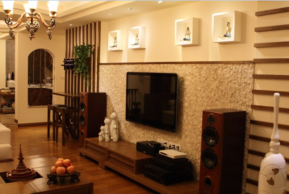 安庆25平米客厅实木电视柜拱形玄关墙中空吊顶效果图