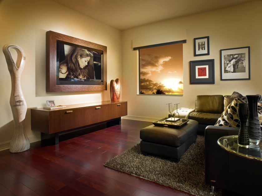 蚌埠阿尔卡迪亚香堤荣府小户型客厅深绿色真皮沙发实木框电视墙红木地板效果图