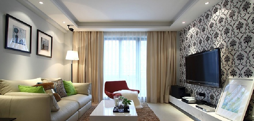 蚌埠阿尔卡蓝天城现代长方形客厅一字型真皮沙发红色沙发椅客厅落地窗简易电视墙效果图