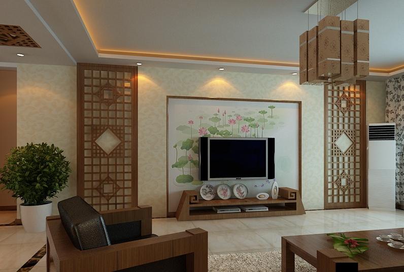 蚌埠珍珠小区新中式客厅吊灯中式镂空电视墙石膏板吊顶中式座椅效果图