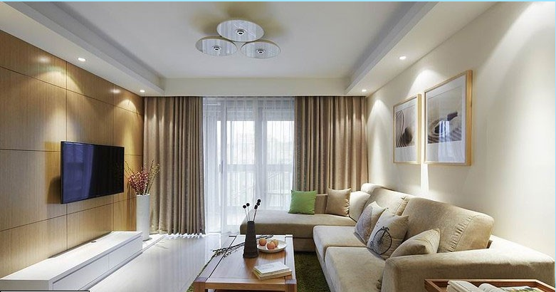 蚌埠上层一品家园三头客厅吸顶灯L型现代组合沙发双层窗帘挂墙电视墙效果图