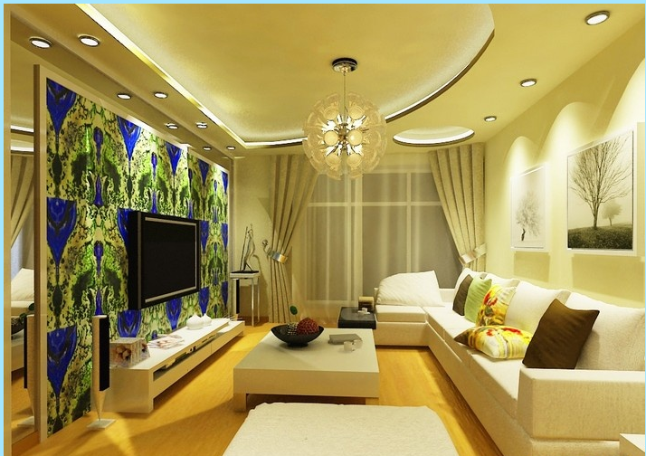 亳州智诚御府现代客厅不规则创意吊顶喇叭球型吊灯个性电视墙布艺沙发效果图