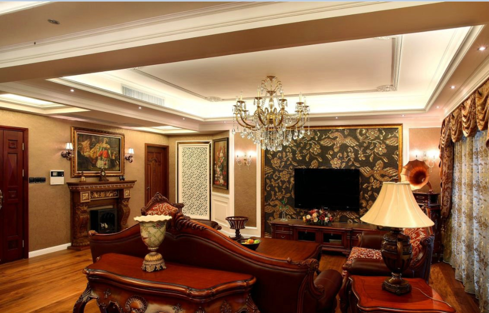 奢华复古美式客厅壁炉红木家居中空吊顶水晶灯壁挂式电视墙效果图