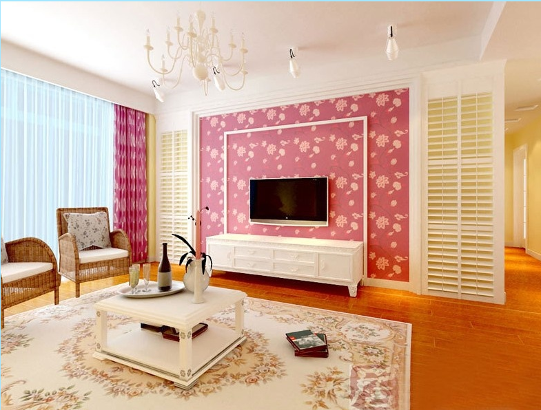 滁州银河湾现代清新甜美风客厅粉色客厅电视背景墙白色吊顶编制座椅双色窗帘效果图