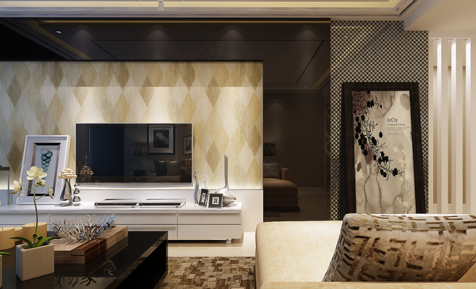 滁州永成汇金国际广场现代客厅黑色茶几简易电视背景白色电视柜效果图