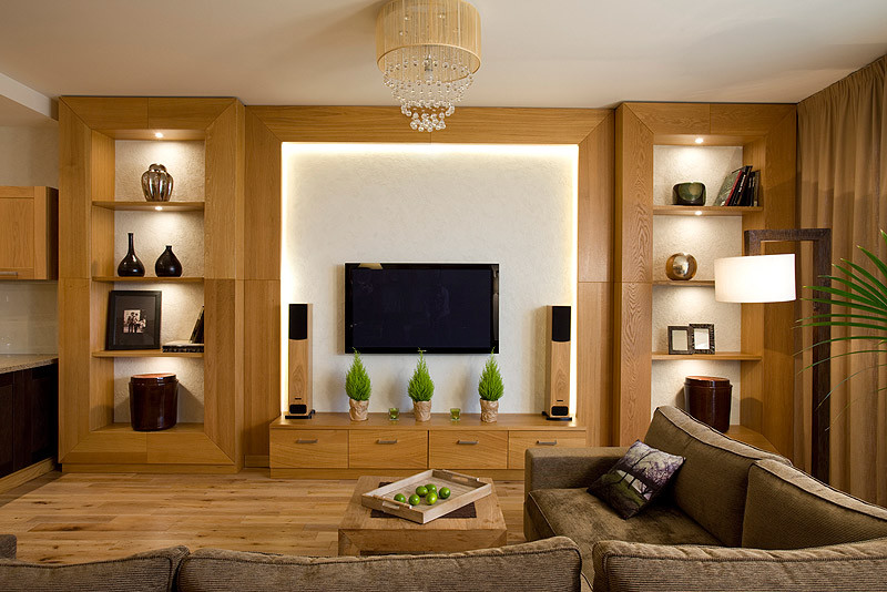 滁州恒瑞城现代博古架凹形电视墙实木组合电视柜方形茶几布艺沙发圆形客厅灯效果图