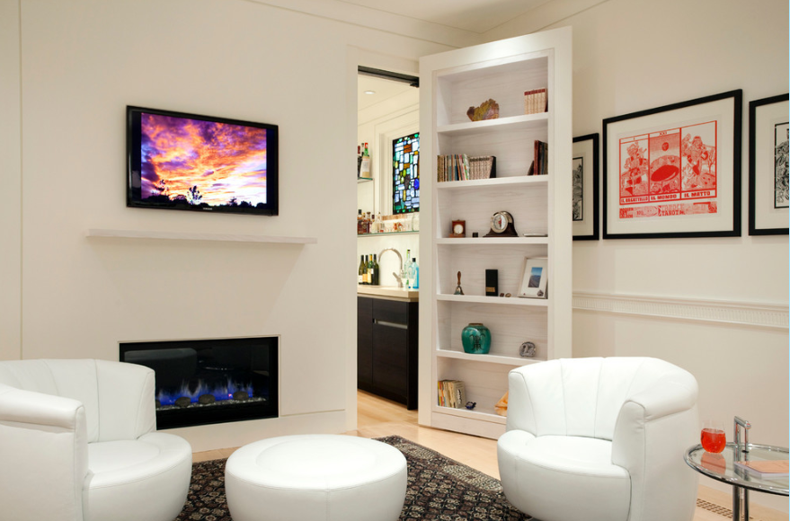 阜阳阜南现代商贸城一居室小客厅创意折叠门白色半圆沙发椅玻璃茶几效果图
