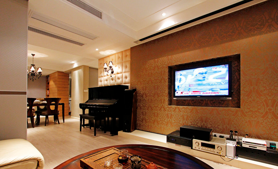 淮南瀚城玄关软包墙客厅钢琴嵌入式电视墙纯实木茶几客厅中央空调效果图