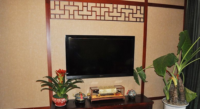 黄山水墨宏村10平米中式客厅电视背景墙复古电视柜客厅绿植效果图