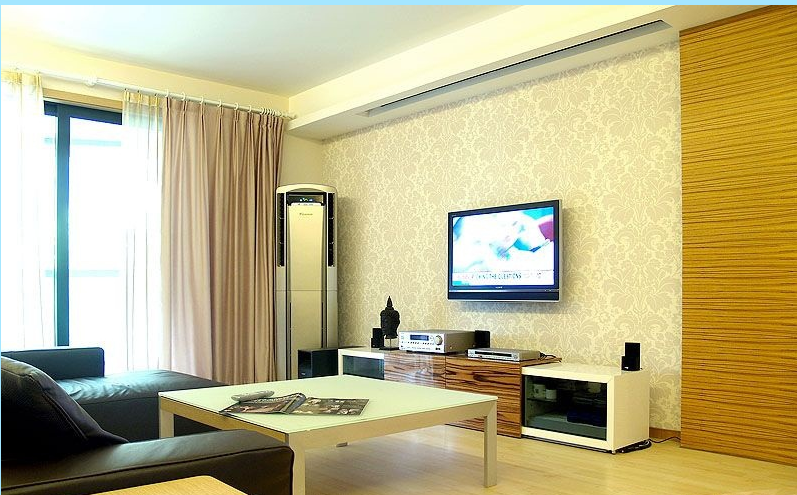 六安香樟公寓现在客厅黑色真皮沙发挂钩式窗帘方形茶几实木地板效果图