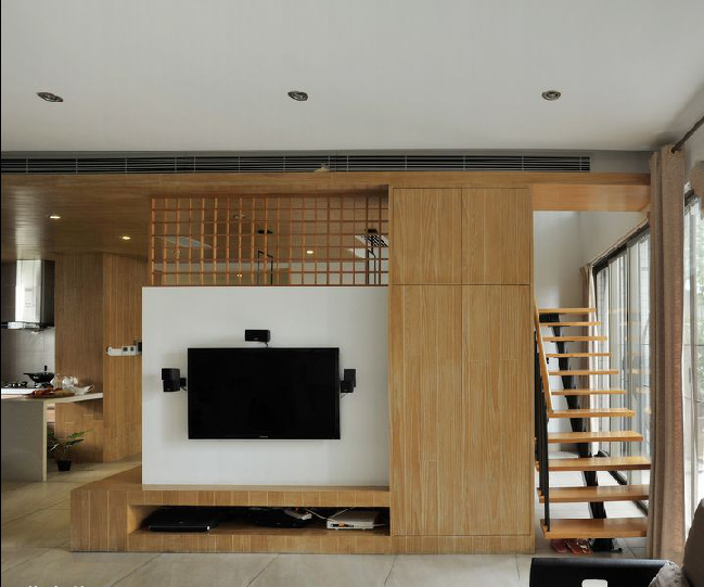 宿州健康产业园现代跃层客厅饰面板隔断电视墙木质楼梯高级灰色沙发中央空调效果图