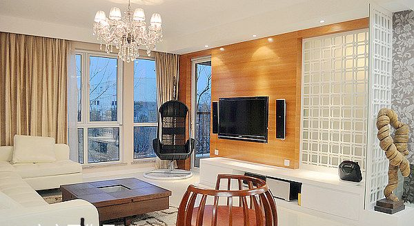 芜湖华强旅游城现代简约客厅水晶吊灯饰面板电视墙实木鼓凳白色沙发效果图
