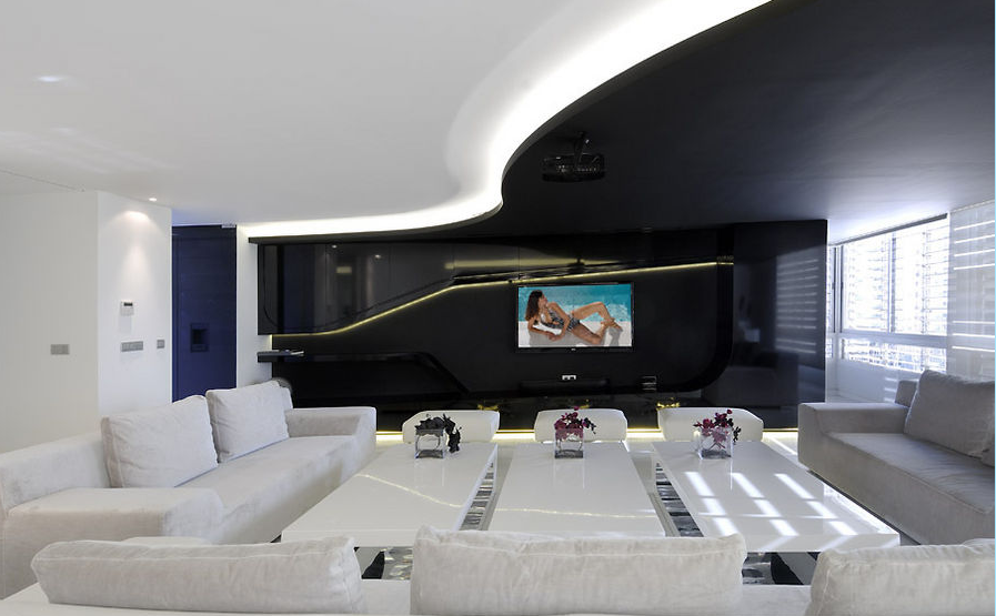 龙岩清华御景不规则创意客厅吊顶黑色电视背景墙客厅U型组合沙发长方形茶几效果图