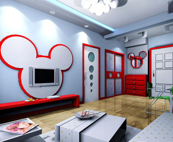 龙岩富健新村红白客厅风创意米奇电视墙红色玄关斗柜白色茶几实木地板效果图