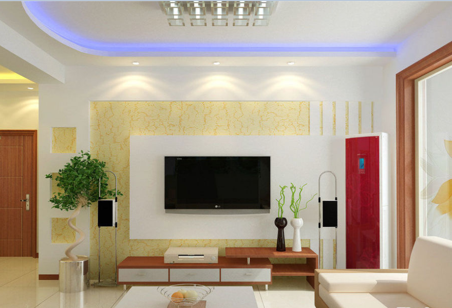 宁德中国海峡大茶都现代客厅黄色壁纸伸缩式电视柜中空吊顶白色茶几效果图