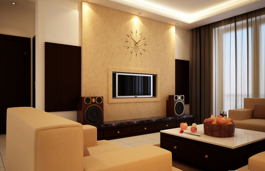宁德荷塘苑现代简约客厅嵌入式电视墙咖色窗帘黑白茶几米色方形沙发效果图