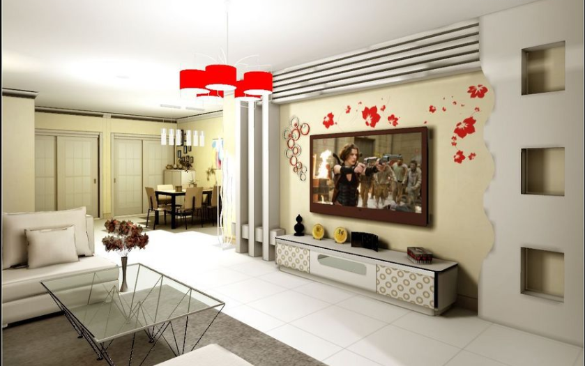 宁德金瑞家园现代简约客厅红色客厅灯米色客厅墙壁玻璃茶几白色沙发效果图