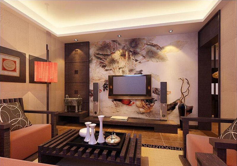 宁德荣宏世家新中式客厅组合沙发中式电视墙壁纸中空吊顶中式茶几效果图