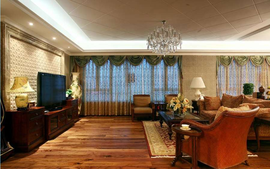 宁德金山佳园奢华欧式客厅实木地板菱形客厅吊顶水晶吊灯欧式实木组合电视柜效果图
