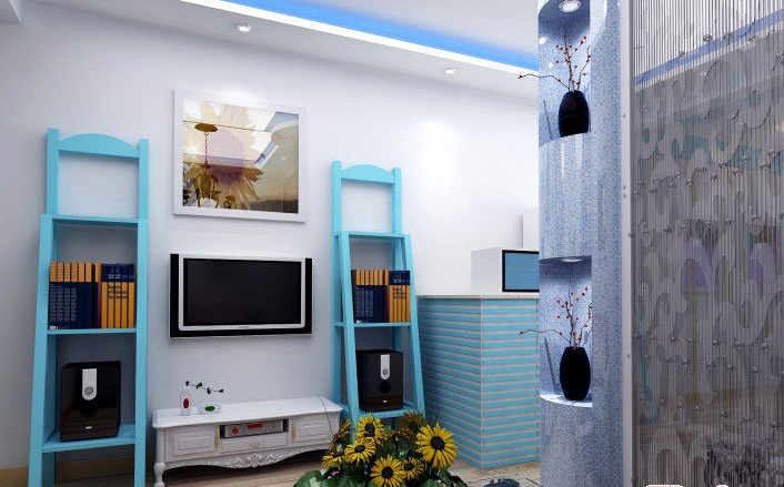莆田凤凰城小户型客厅蓝色置物架珠帘隔断壁挂式电视墙白色电视柜效果图