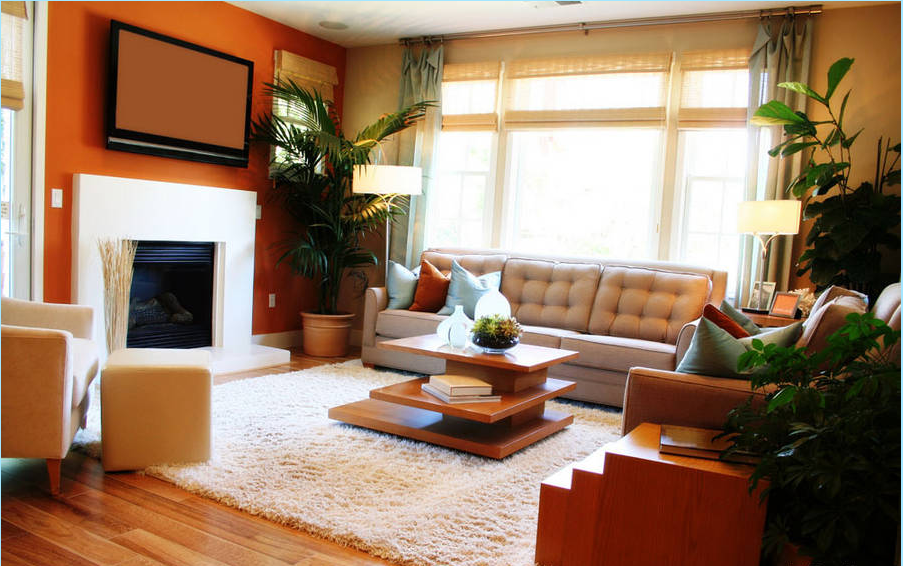 莆田交通花园美式客厅橙色客厅墙壁真皮沙发创意客厅茶几木质地板效果图