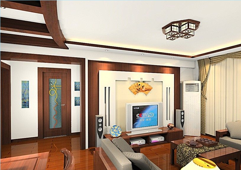 泉州义全街二居室新中式客厅吸顶灯中式实木家具沙发创意吊顶客厅木地板效果图