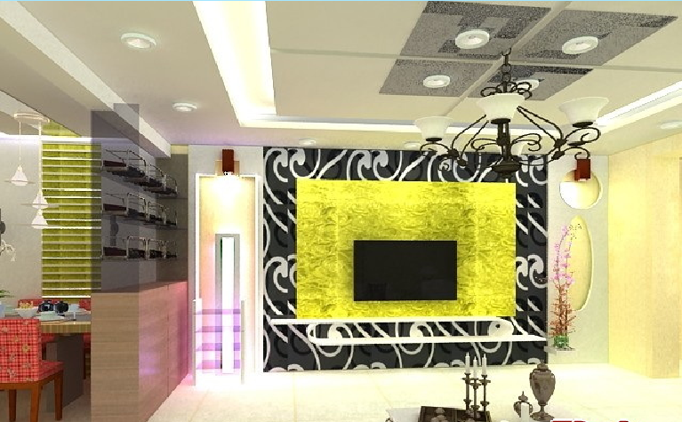 泉州广鑫大厦混搭小户型客厅现代黄色电视背景墙欧式吊灯玄关储物柜效果图