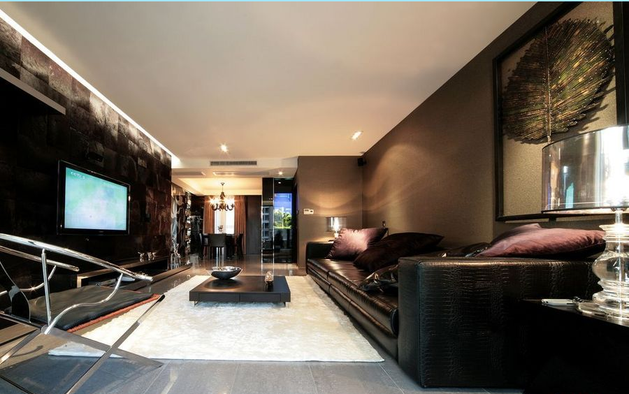 厦门大唐现代长方形大客厅黑色真皮沙发咖啡色客厅墙壁客厅白色地毯软包电视墙效果图