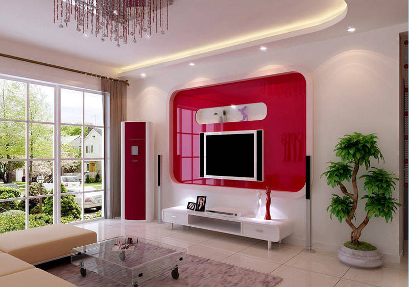 厦门阳光清境现代简约客厅红白电视墙透明玻璃茶几格子阳台门L型转角沙发效果图