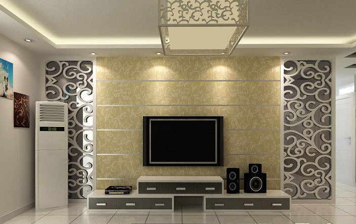 三明金河湾现代二居室简欧金色电视墙壁纸镂空雕花墙伸缩电视柜效果图