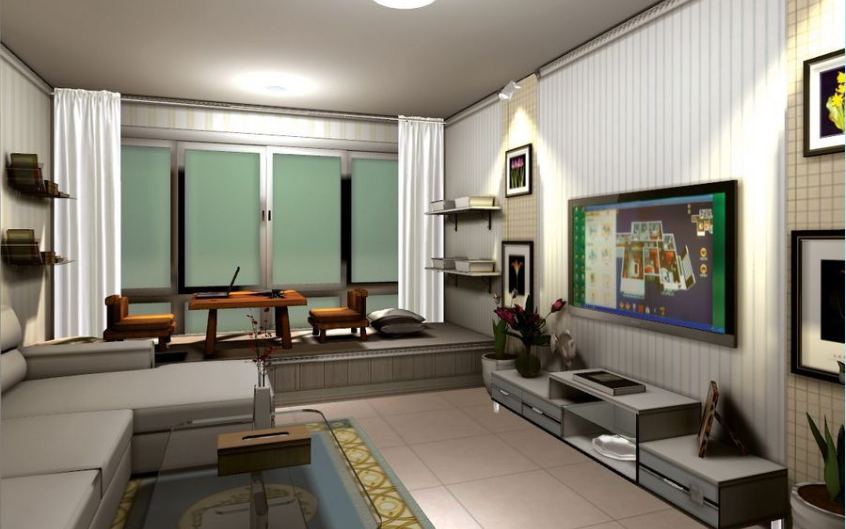 三明金信大厦混搭现代马赛克装饰电视墙日式飘窗设计伸缩式电视柜白色L型沙发效果图