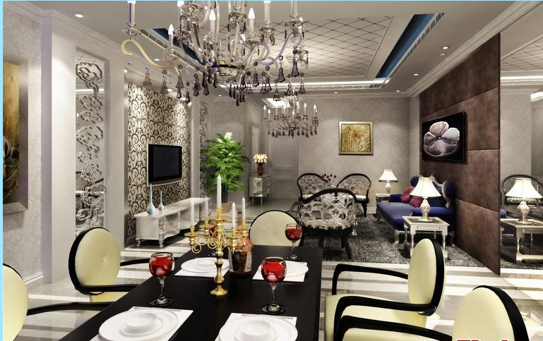 三明碧玉小区现代欧式客厅欧式镂空沙发椅蓝色三人位沙发餐厅客厅一体式设计长方形餐桌效果图