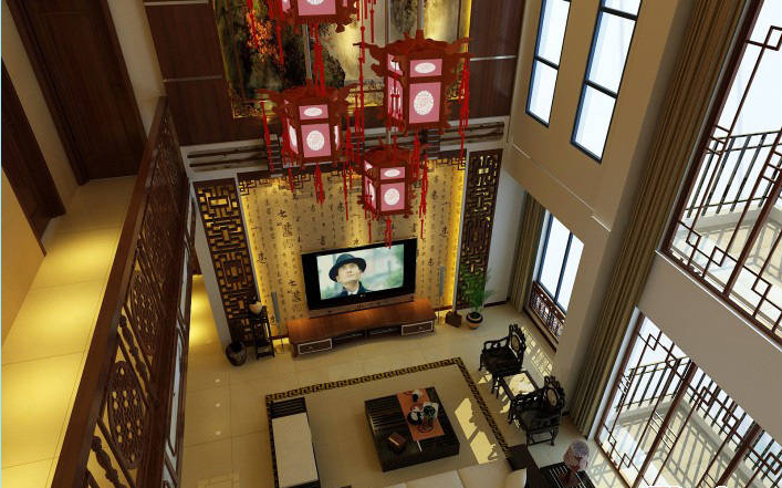 三明时代锦园新中式复式别墅红色中式吊灯中式客厅座椅中式楼梯扶手中式字画壁纸效果图