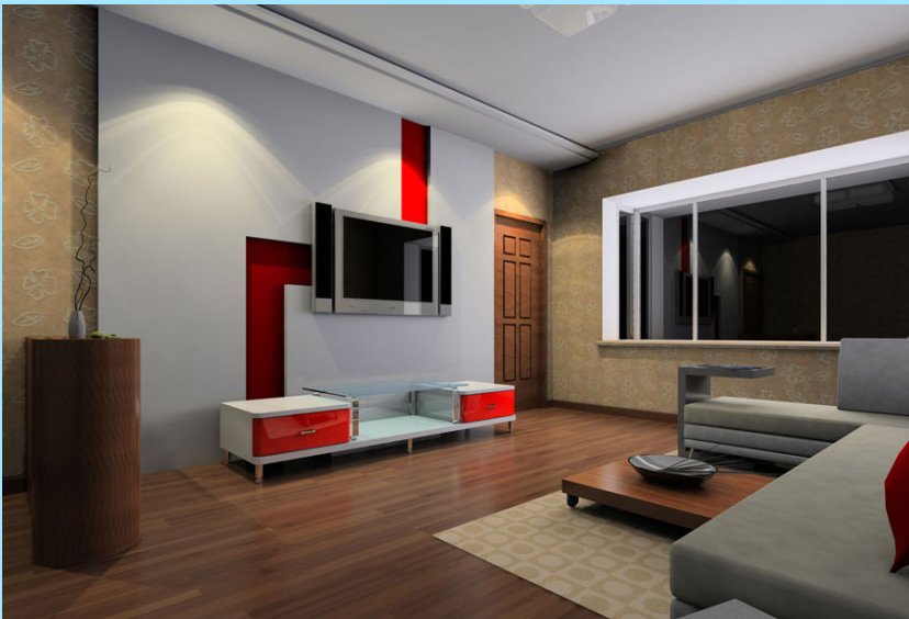 漳州盛世天城现代客厅创意红白电视墙高级灰L型客厅组合沙发客厅推拉窗户实木地板中空吊顶效果图