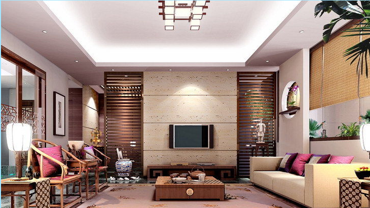 常州钱家村新中式客厅中式靠背椅方形沙发中式客厅灯中式木条挂墙电视墙效果图