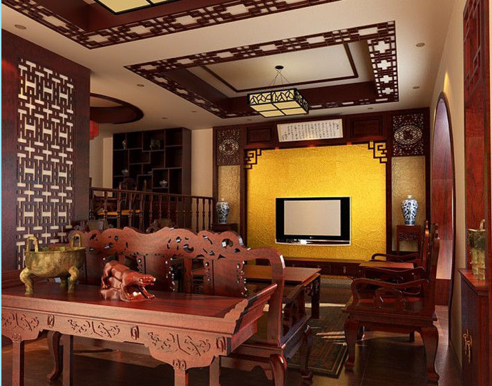 南通公馆1895中式复古客厅实木定制家具餐厅墙壁博古架中式吊灯黄色电视背景墙效果图