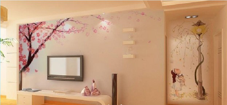 无锡雪溪苑现代简约客厅梅花电视墙壁纸实木客厅地板置物架电视柜效果图
