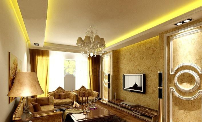 扬州阳光锦城欧式客厅水晶吊灯奢华欧式沙发中空吊顶斗胆灯木地板客厅地毯效果图