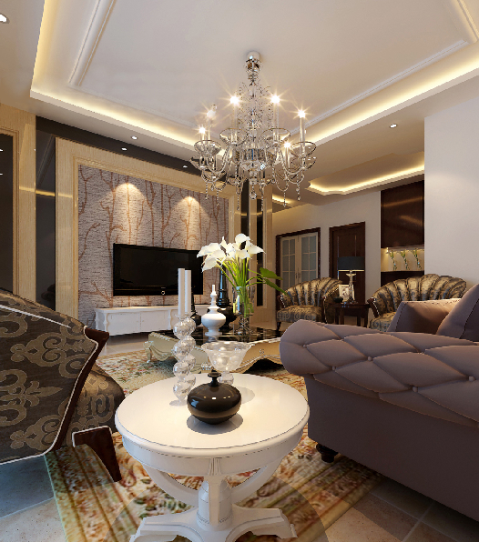 抚州星城杰作欧式客厅水晶灯紫色拉扣沙发白色沙发圆形角几客厅奢华地毯效果图