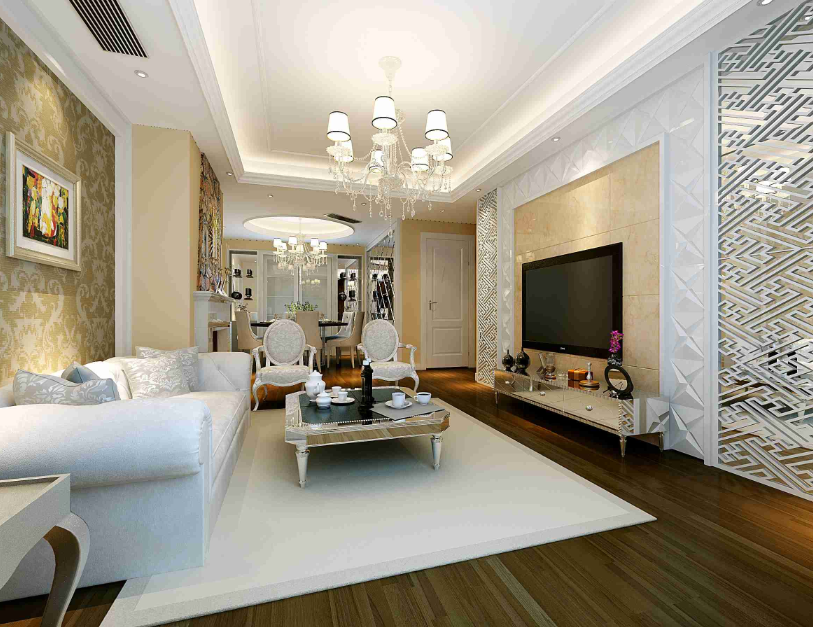 南昌象湖明珠欧式客厅水晶灯嵌入式电视墙白色欧式长沙发木地板客厅白色地毯效果图