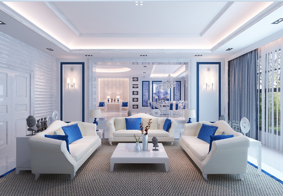 宜春赢腾花园方形地中海风格客厅蓝白沙发超大客厅地毯双层透光窗帘凹凸立体客厅墙效果图