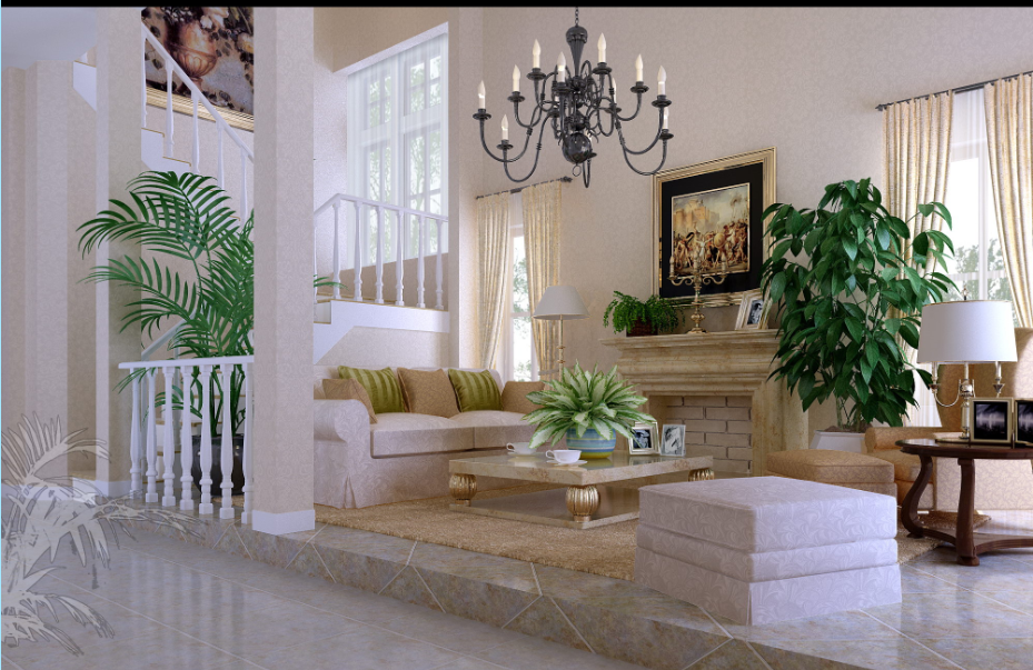 濟寧金色陽光簡約美式白色大理石客廳復式樓轉角木質樓梯護欄客廳沙發凳雙人沙發客廳多窗戶設計效果圖