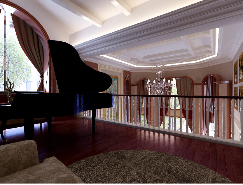 莱芜东海花园大户型别墅拱形阳台窗户客厅钢琴摆放白色实木栏杆红木地板圆形地毯效果图