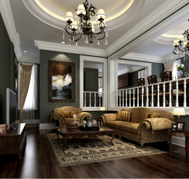 淄博新泰山花园美式客厅圆形吊顶复古卷边沙发木地板阶梯式客厅白色楼梯护栏效果图