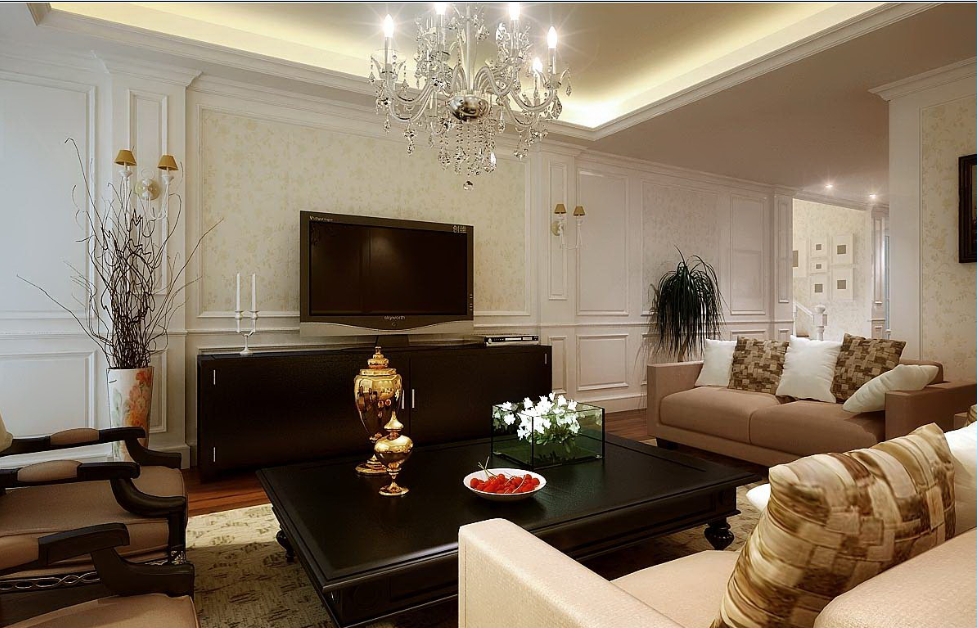 枣庄百合花园简约客厅方形U型组合沙发黑色矮茶几白色水晶灯电视墙壁灯效果图