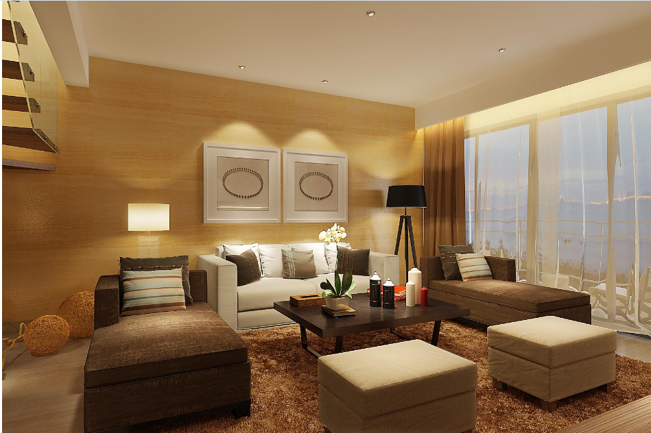 丽水金色阳光花园方形现代客厅饰面板沙发背景墙方形布艺沙发客厅全铺地毯深咖色窗帘效果图