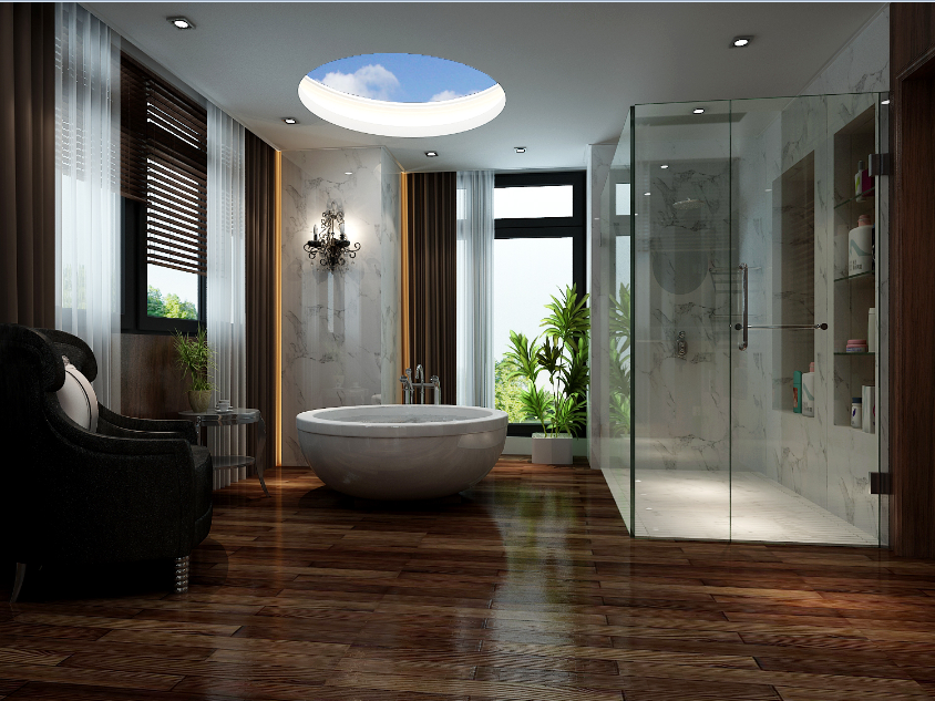 宁波万兴公寓现代卫生间透明淋浴房圆形浴缸大理石面墙壁壁灯百叶窗白色窗帘实木地板效果图