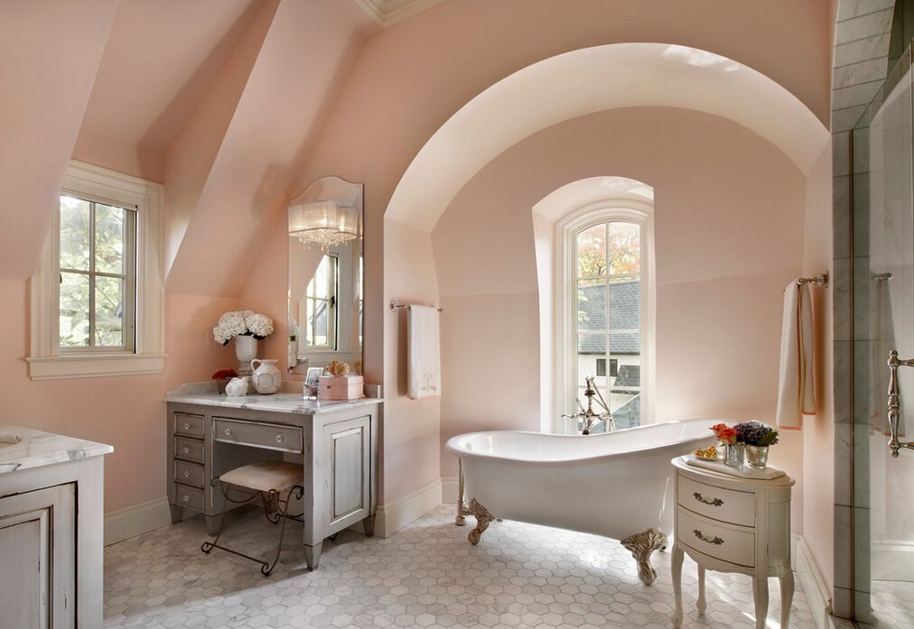 美式带圆弧门洞的粉色洗浴间淋浴房装修效果图
