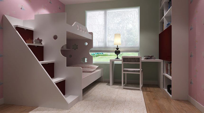 北京时代庄园别墅带双层儿童床粉色儿童房装修效果图